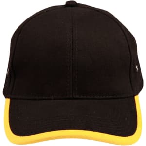 A black cap with a yellow trim and a logo on the front. It features a structured design and a curved brim.