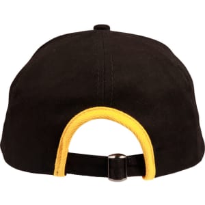 A black cap with a yellow trim at the back, featuring an adjustable strap and a logo.