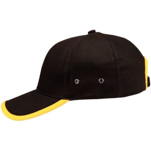 A black cap with a yellow peak and trim, featuring eyelets for ventilation and an adjustable back strap.