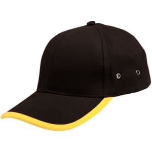 A black cap with a yellow peak, featuring metal eyelets and a curved brim. It has a logo on the front.