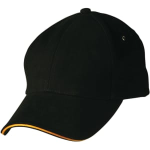 A black cap with a curved brim and a subtle yellow accent, featuring a small logo on the side.