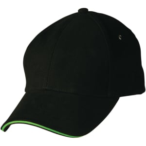 A black cap with a green accent on the brim, featuring a logo on the side.