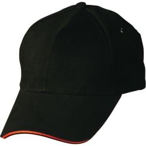 A black cap with a curved peak, featuring a contrasting red accent on the brim and a logo present.