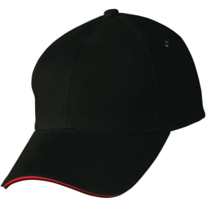 A black cap with a curved brim and a red trim, featuring a logo on the side.