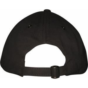 A black cap featuring a curved brim, made of sturdy fabric with ventilation holes and an adjustable strap at the back.
