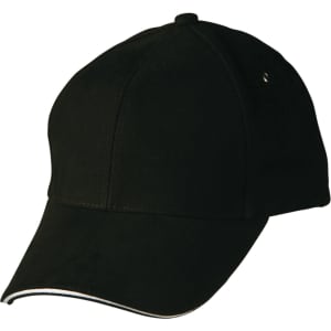 A black cap with a curved visor and a contrasting trim, featuring a logo.
