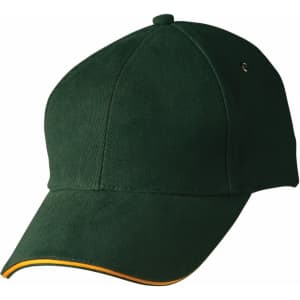 A green cap with a curved brim, featuring a subtle logo and a yellow accent on the brim.