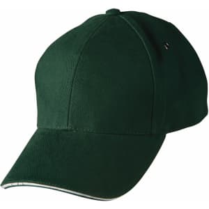 A dark green cap with a curved visor, featuring a logo on the side. The design is simple and classic.