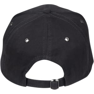 A black cap with a curved brim, showing eyelets and an adjustable strap at the back. It features a logo.