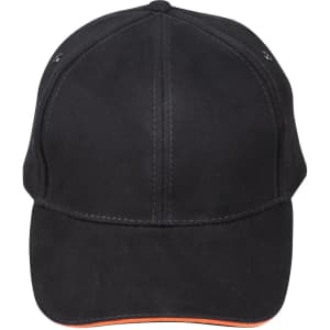 A black cap with an orange underside, featuring stitching details and a logo on the front.
