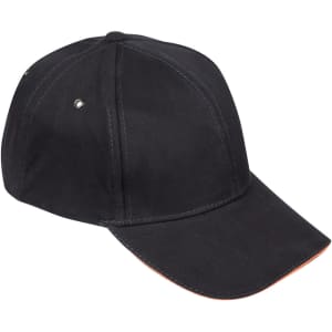A black cap with a curved brim and a small logo tag. Features include metal eyelets for ventilation.