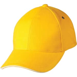 A yellow cap with a rounded crown and a curved peak, featuring a small logo on the side.