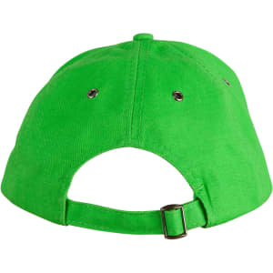 A green cap with a curved peak and adjustable strap at the back. It features a logo.