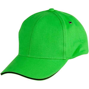 A bright green cap with a curved brim and a logo on the side.