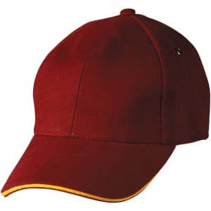 A maroon cap with a curved brim and yellow trim, featuring a logo on the front.