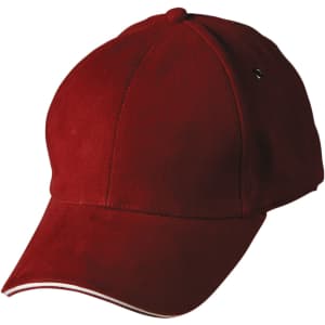 A red Sandwich Peak Cap with a curved brim and an eyelet, featuring a logo on the side.