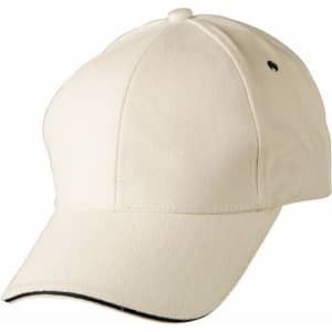 A cream-coloured cap with a curved brim and a small logo on the side.
