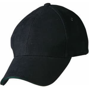 A black cap with a curved brim and green detailing, featuring a logo on the side.
