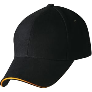 A black cap with a curved peak and a yellow accent along the edge, featuring a logo on the side.