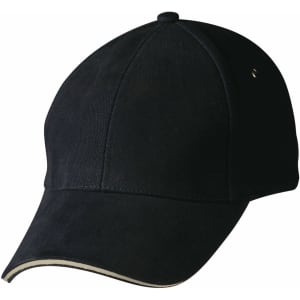 A black cap with a curved brim and a decorative trim, featuring a logo on the side.