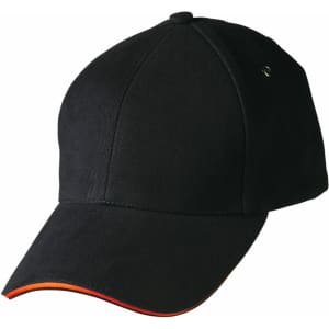 A black cap with an orange trim on the peak, featuring a logo on the side.