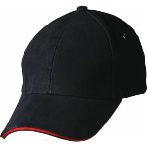 A black cap with a curved peak and a red underbrim. It features a small logo on the side.