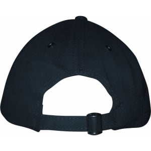 A black Sandwich Peak Cap featuring a curved peak and an adjustable strap at the back with a logo.
