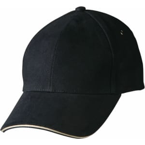 A black cap with a curved brim and a subtle logo, featuring a contrasting gold trim along the edge.