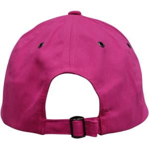 A pink cap featuring adjustable strap and ventilation holes at the back. It has a logo detail on the side.