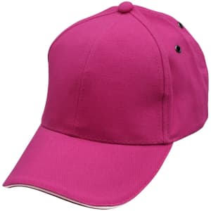 A pink cap with a curved brim and ventilation holes, featuring a logo on the side.