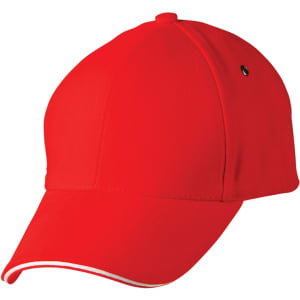 A red cap with a curved brim and a contrasting trim, featuring a logo on the side.