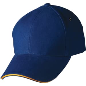 A navy blue cap with a curved visor and a contrasting yellow trim, featuring a logo on the side.