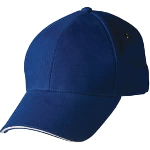 A blue sandwich peak cap featuring a logo. The cap has a structured design and a slightly curved peak.