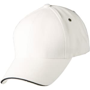 A white cap with a curved brim and a detailing stripe, featuring a logo on the side.