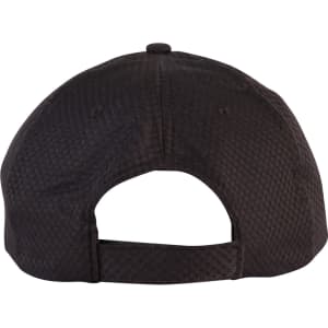 A black athletic mesh cap featuring a rear adjustable strap and a logo on the back.