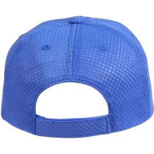 A blue athletic mesh cap with a breathable design and adjustable strap at the back. Features a logo.