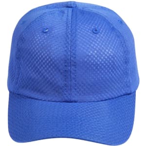 A blue athletic mesh cap with a structured design and ventilation holes, featuring a logo on the front.