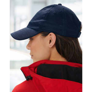 A navy athletic mesh cap is displayed, featuring a rounded peak and an adjustable strap at the back.