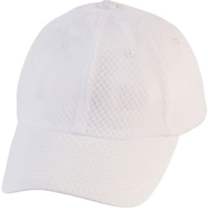 A white athletic mesh cap featuring a branded logo, designed with a breathable fabric texture.