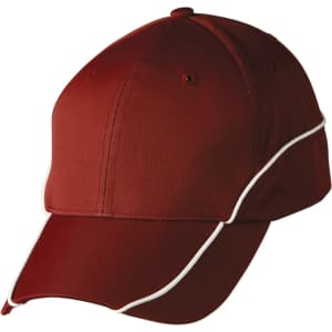A red cap with contrast white lining, featuring a curved brim and a branding logo.