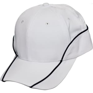 A white cap with contrast black lining and a pre-curved brim. It features ventilation holes and a logo.