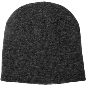 Acrylic knitted marl beanie in a dark grey colour, featuring a minimalist design and a branded logo.
