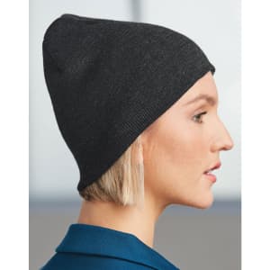 Acrylic knitted marl beanie in dark grey, displayed on a model's head from the side, featuring a simple design.