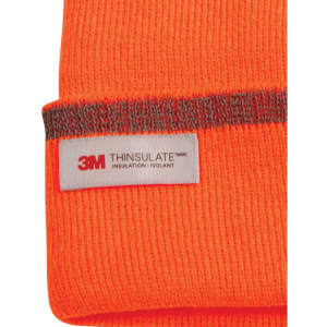 An orange beanie with a grey band, featuring a tag indicating it is made with Thinsulate insulation.