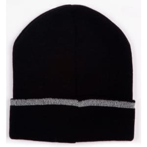 A black beanie with a silver cuff detail and a logo. The beanie features a smooth knit texture.