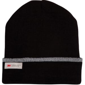 A black Thinsulated cuff beanie with a reflective band and a branding tag.
