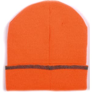 An orange beanie with a grey band at the bottom, featuring a logo on the side.