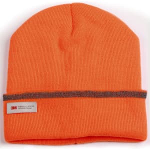 An orange beanie with a grey stripe and a logo, featuring a textured ribbed design.