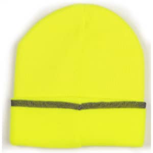 A bright yellow beanie with a folded cuff and a contrasting grey stripe. It features a logo on the cuff.
