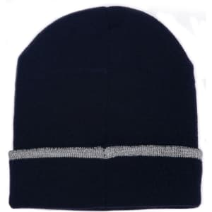 A navy beanie with a grey cuff and a logo on the front.